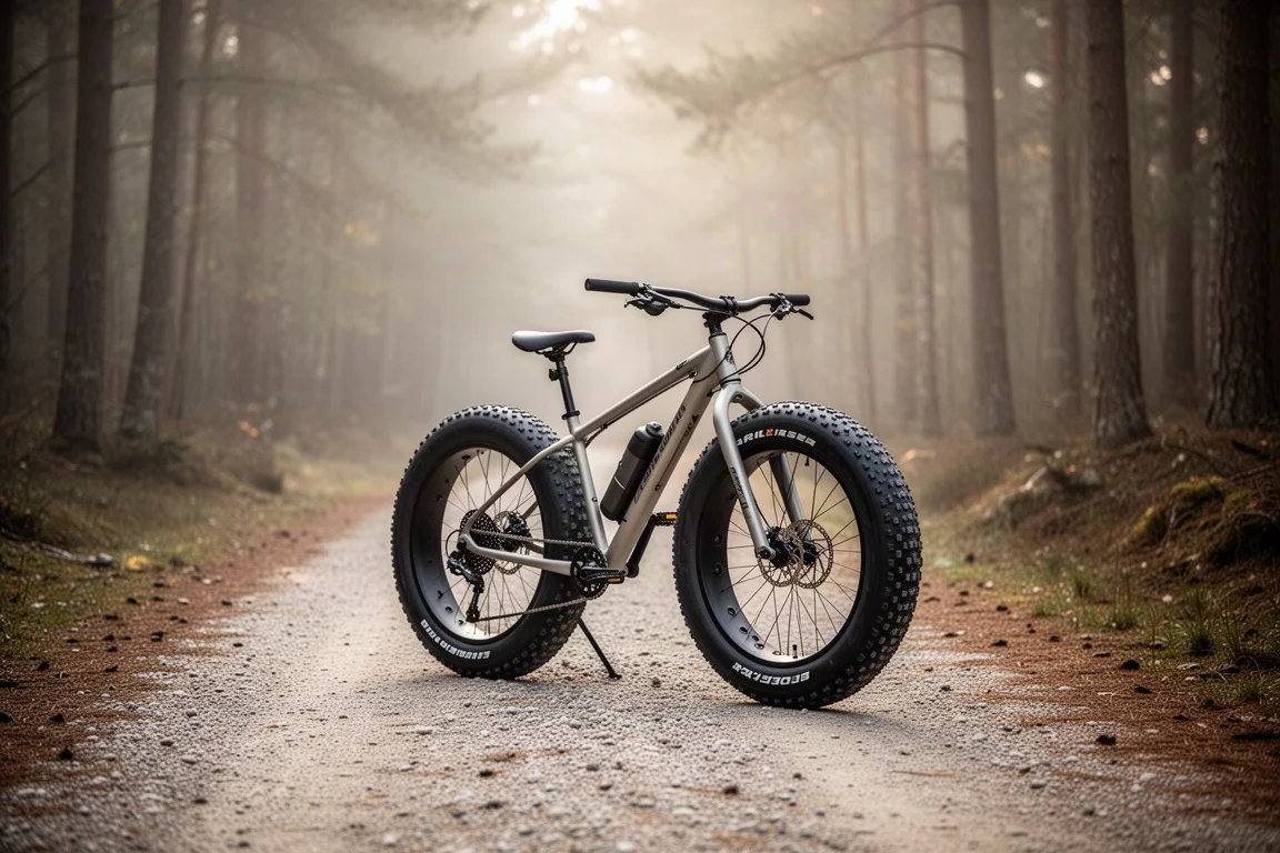 Fatbike-Reifen auf einem Kiesweg bei sanftem Tageslicht