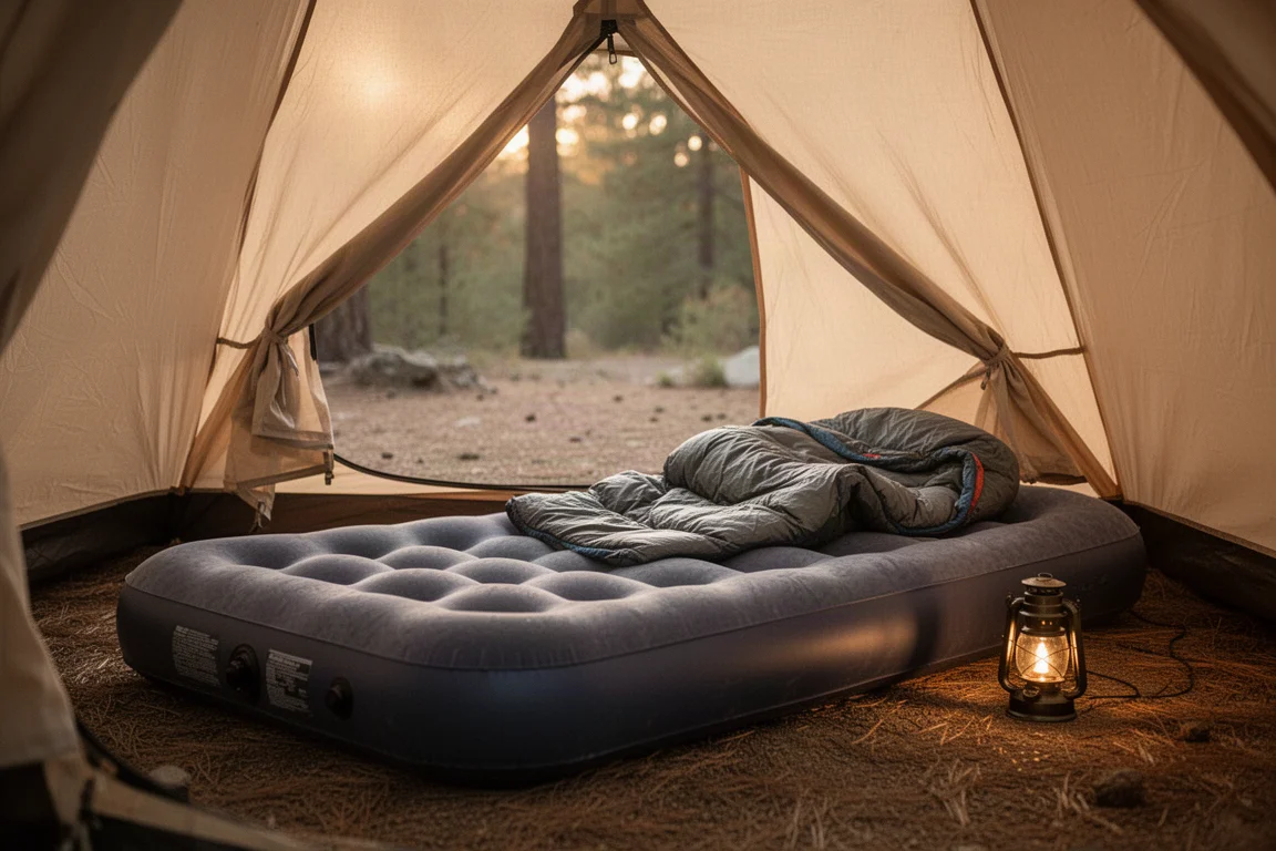 Luftmatratze auf dem Boden eines Campingplatzes in der goldenen Stunde