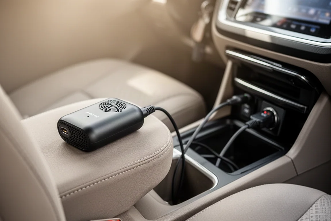 Handinflator angeschlossen an eine 12V-Steckdose eines Autos im Fahrzeuginneren