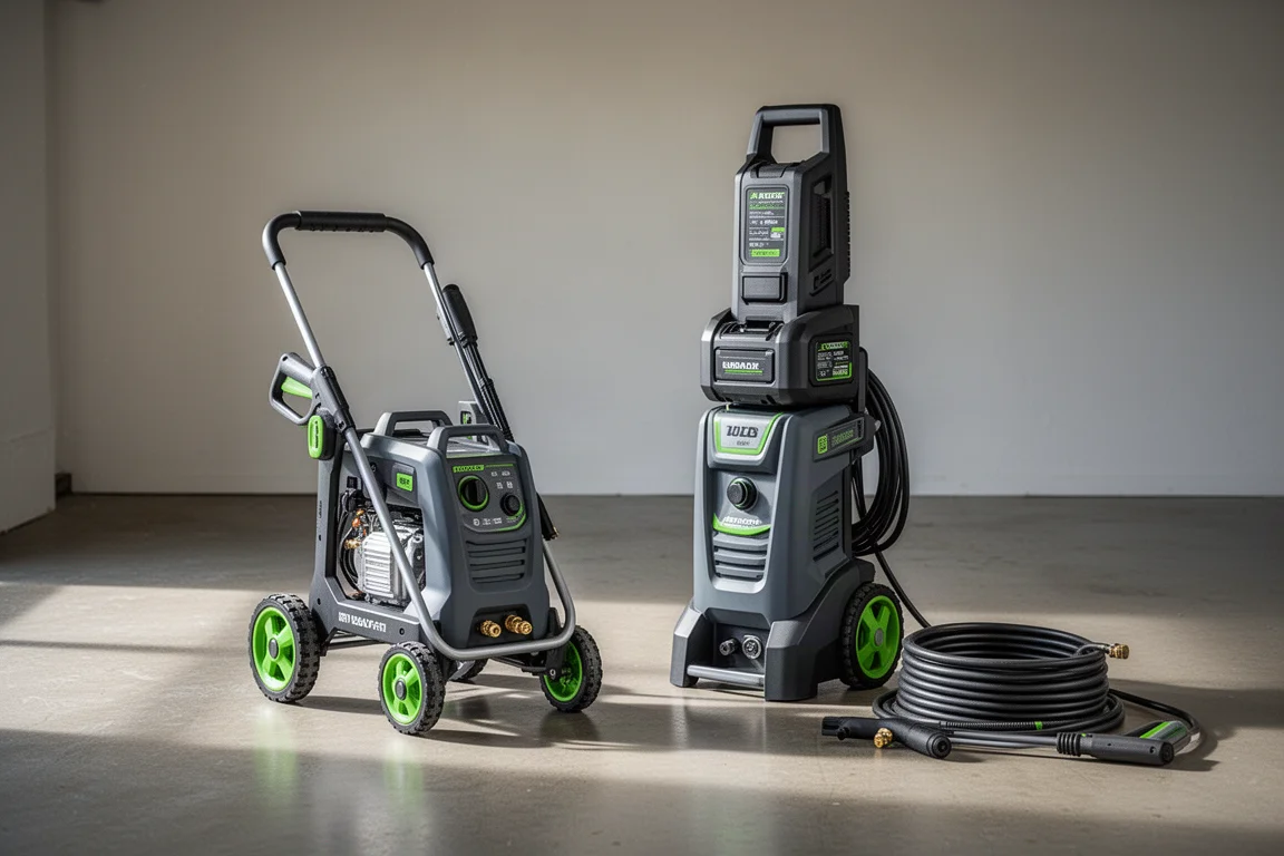 Two Greenworks portable pressure washers side by side on a concrete garage floor