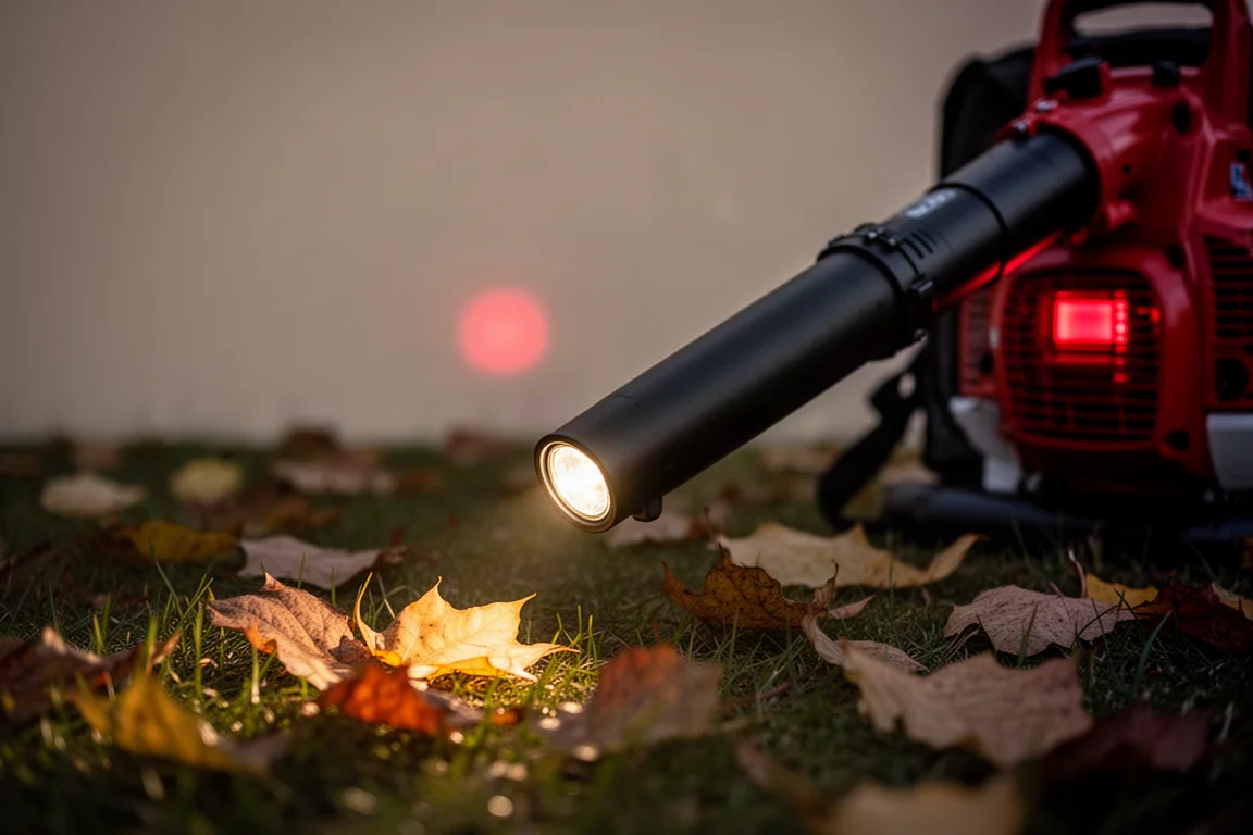 Przednia lampa robocza LED i tylna czerwona lampa ostrzegawcza świecące przy słabym oświetleniu