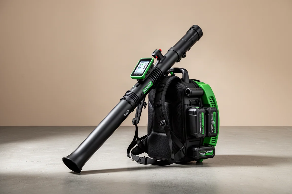 Greenworks 82V commercial backpack blower standing upright on concrete