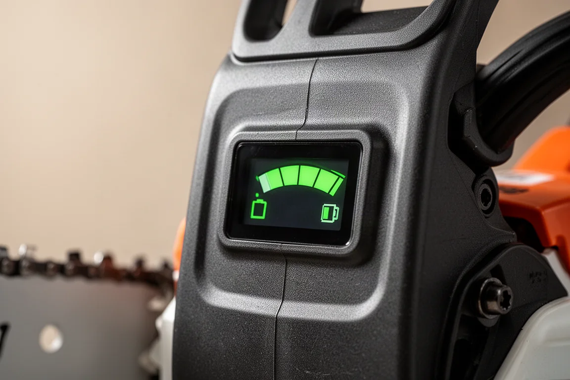 Display indicatore della batteria della motosega che mostra il livello di carica