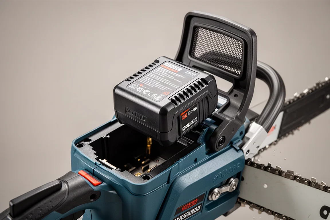 Batteria di una motosega a batteria che scorre in un vano di caricamento dall'alto
