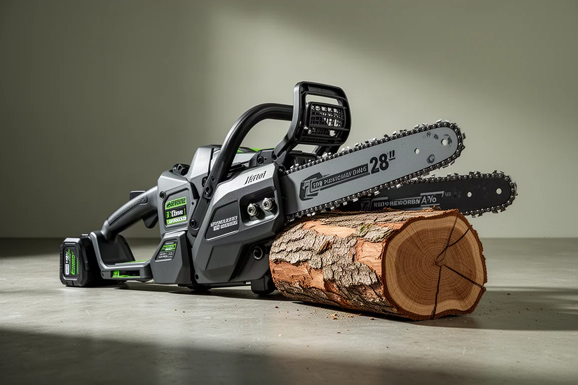 Large cordless chainsaw with long bar standing beside a cut oak log on concrete
