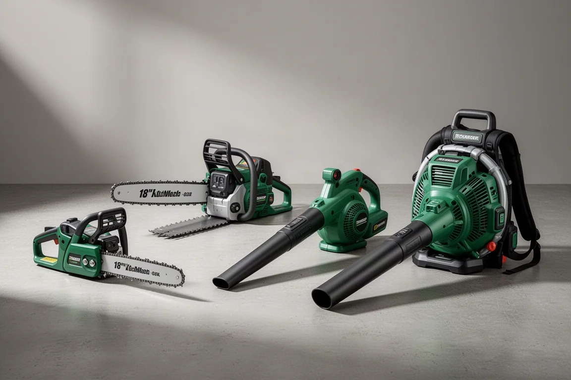 Four Greenworks cordless yard tools arranged on a concrete surface