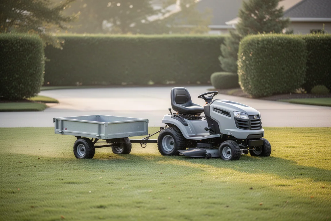 Rzitmaaier met een kleine aanhangwagen op een vlakke gazon in de buitenwijk