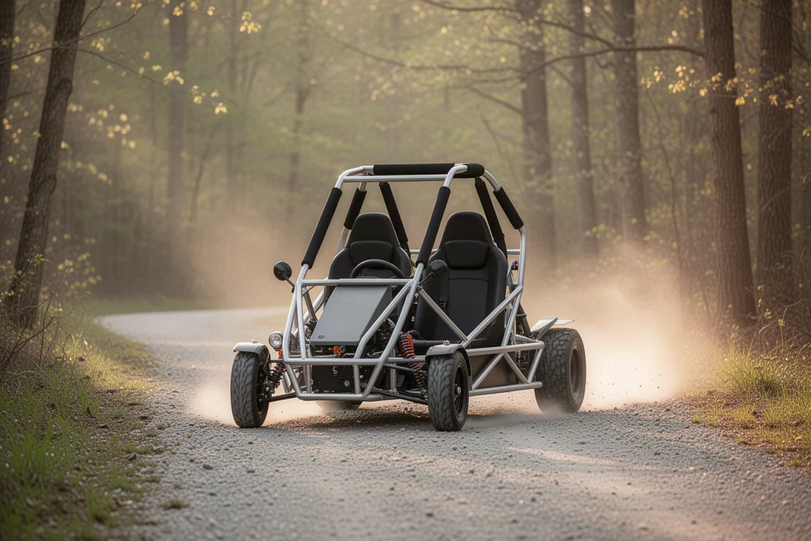 Kart elétrico para duas pessoas em uma trilha de cascalho cercada por árvores
