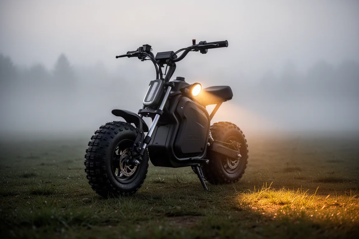 Mini moto elétrica com pneus largos estacionada em uma clareira gramada ao entardecer