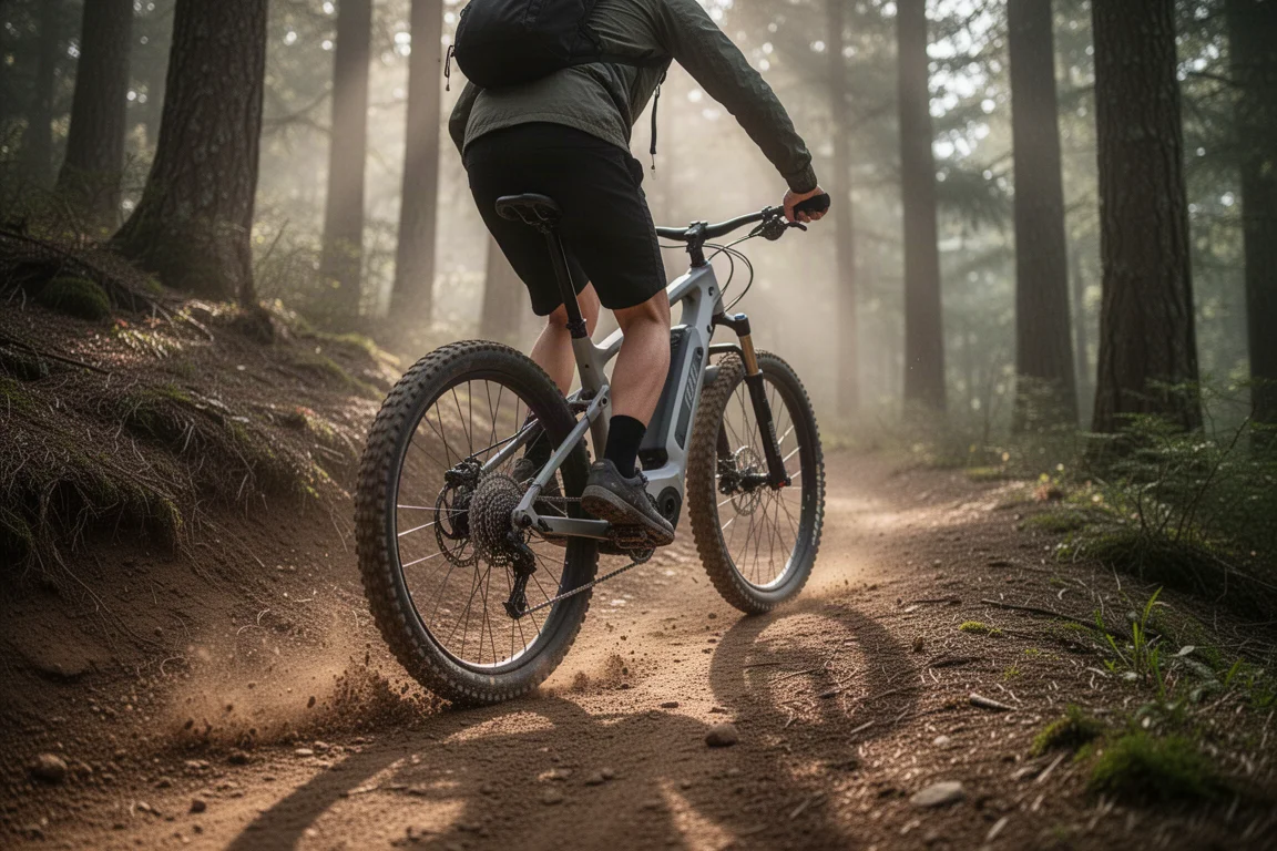 Ciclista subindo uma trilha de terra em uma bicicleta elétrica all-terrain