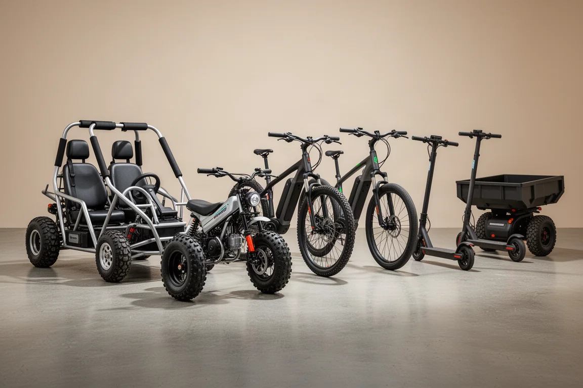 Lineup of six Greenworks electric rideables on a concrete surface