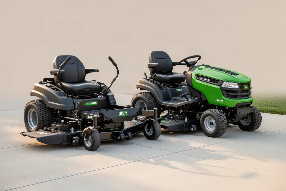 Greenworks zero turn mower and lawn tractor parked side by side on a driveway