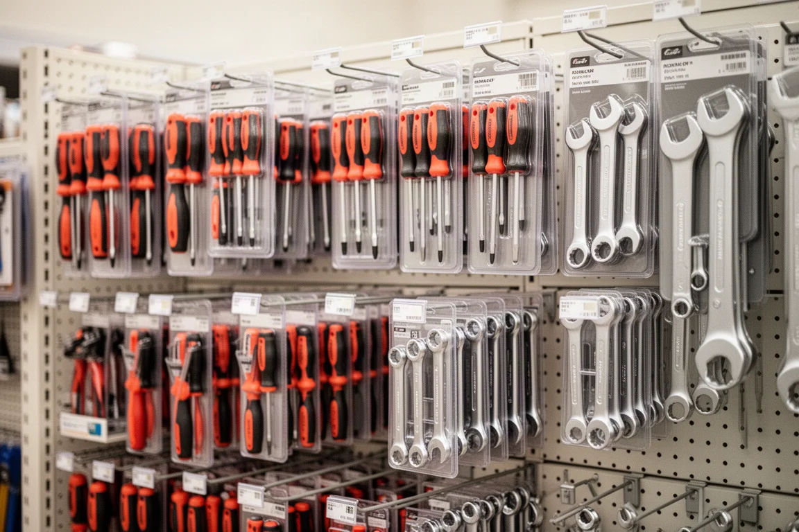 小売店の工具コーナー。ペグボードフックにドライバーセットとハンドツールが掛けられている