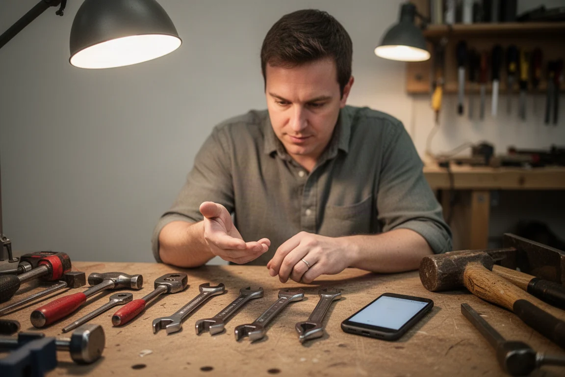 作業場でスマートフォンを使って工具の価格を比較するDIY愛好者