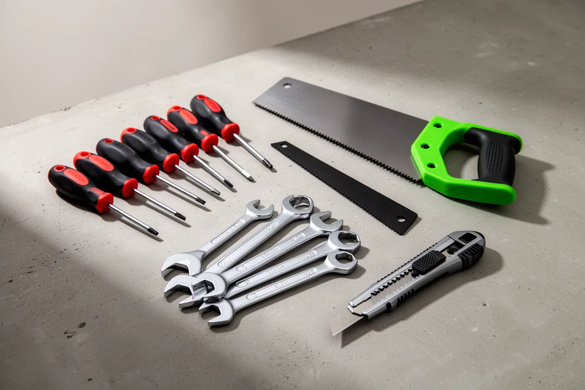 Greenworks hand tools including screwdrivers, hand saw, wrenches, and utility knife on concrete
