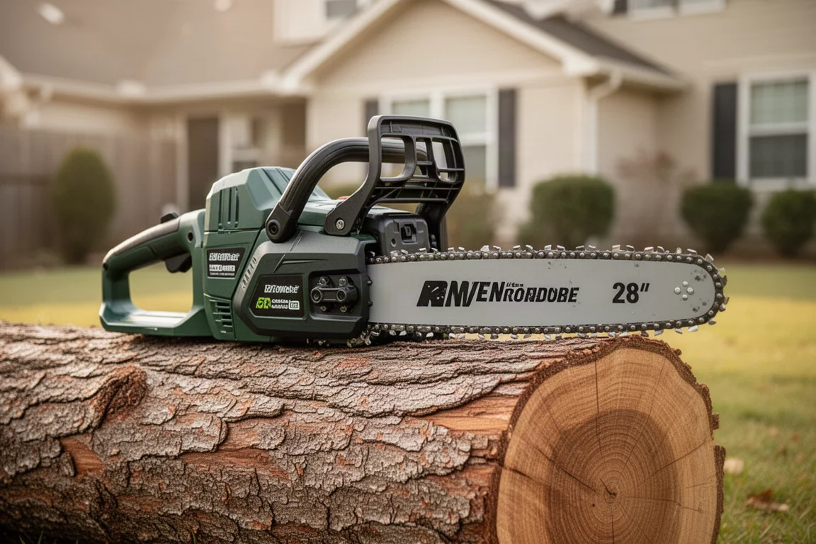 Large cordless chainsaw with 28-inch bar resting on a log in a yard