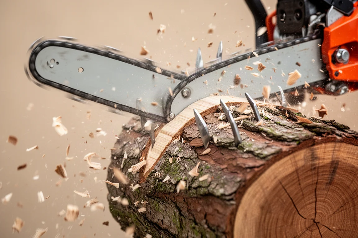 Close-up of a chainsaw cutting through a thick oak log with wood chips flying