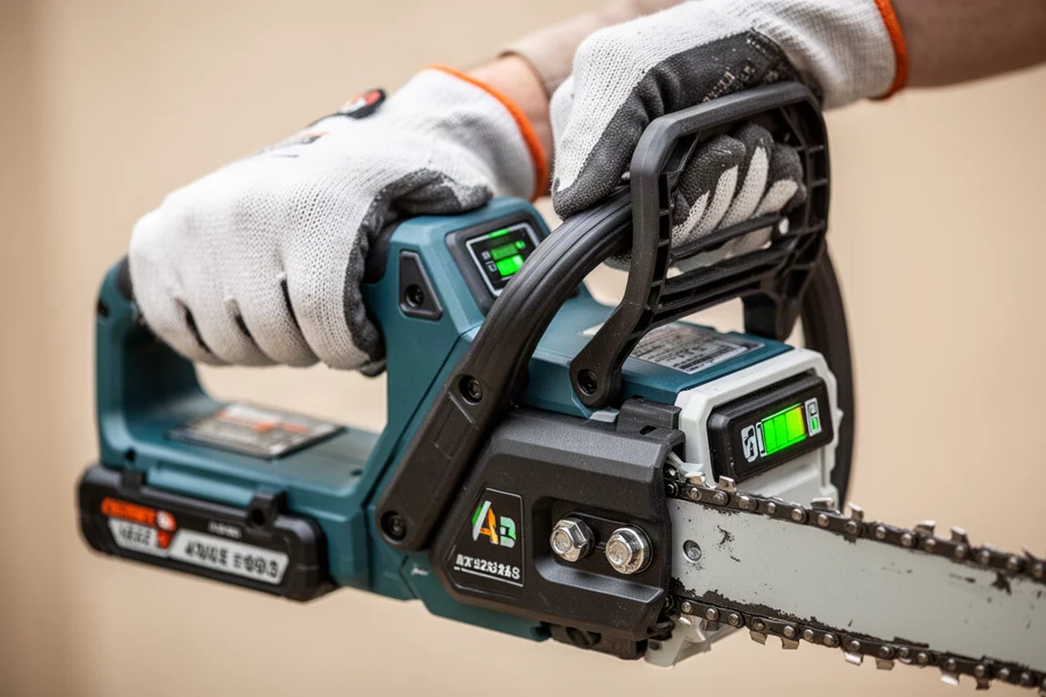 Hands operating a cordless chainsaw with a digital display showing battery level