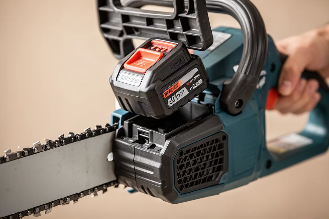 Cordless chainsaw with top-load battery being inserted into the handle