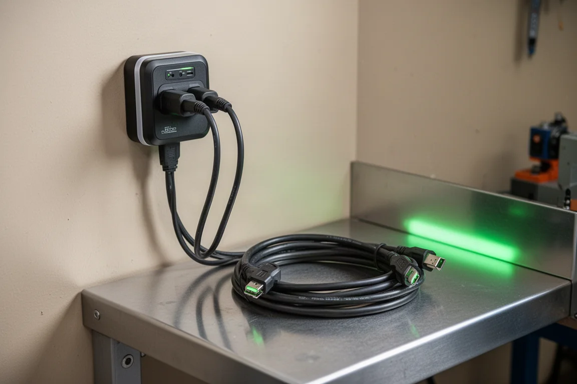 Ladekabel, die in einer Werkstatt mit einer Ladestation verbunden sind