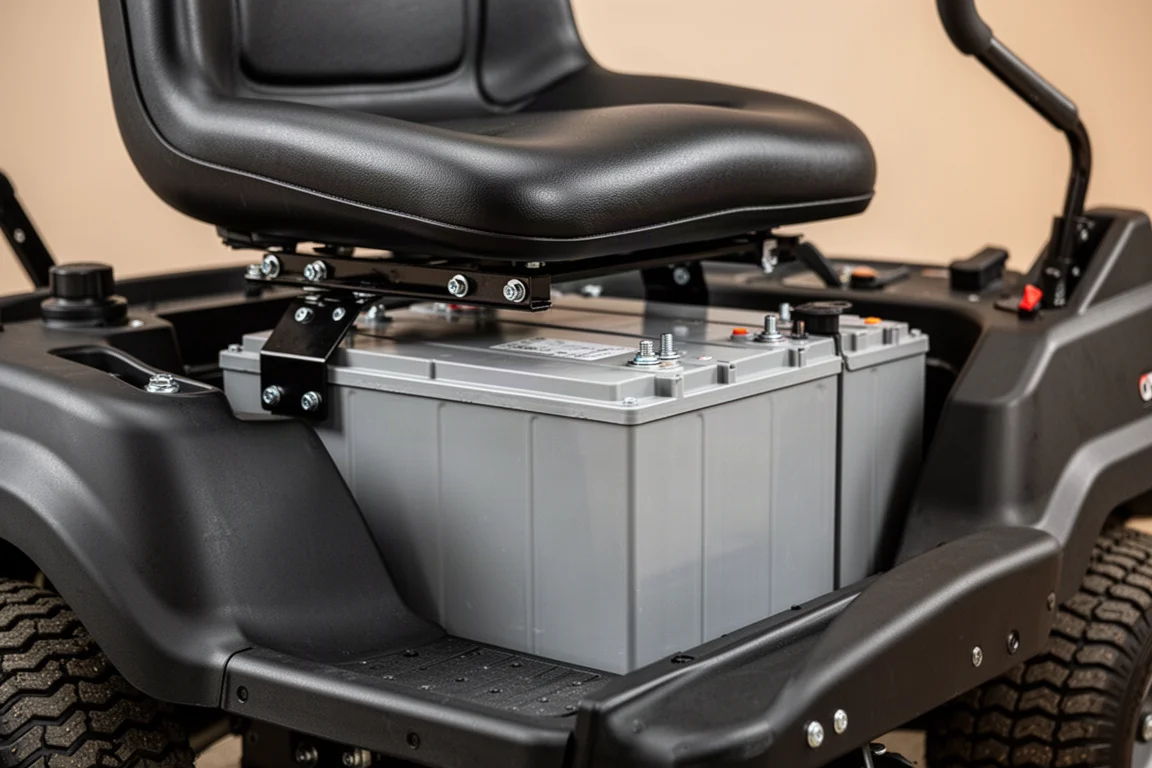 Primo piano di un grande pacco batterie al litio ferro fosfato montato sotto il sedile di un rasaerba