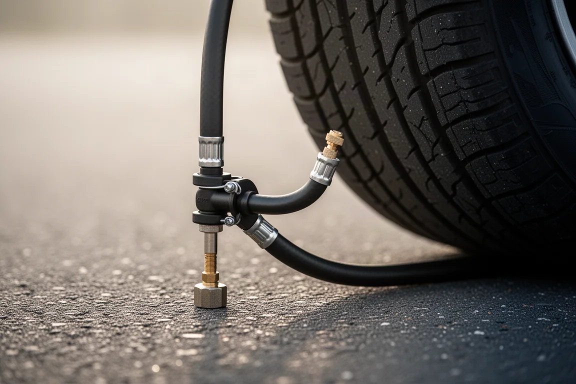 Slang van de compressor naar het ventiel van de band, met detailopname van de aansluiting