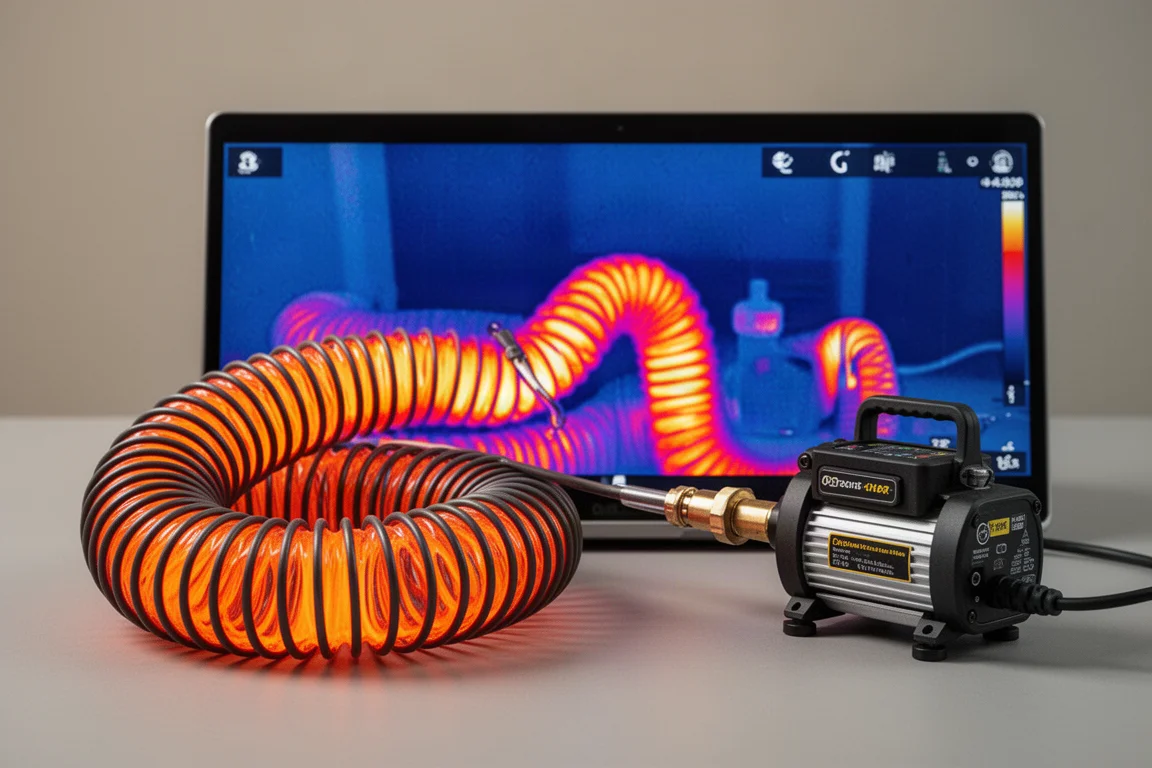 Thermische opname die de warmteontwikkeling langs de slang van de compressor toont
