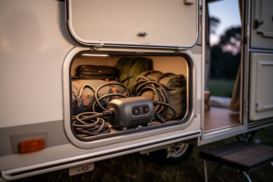 Compressor opgeborgen achterin een camper of aanhangwagen, samen met andere uitrusting
