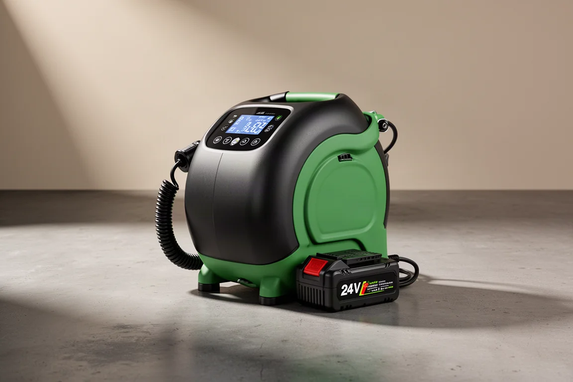 Greenworks Powerball 24V portable inflator with battery attached on concrete floor
