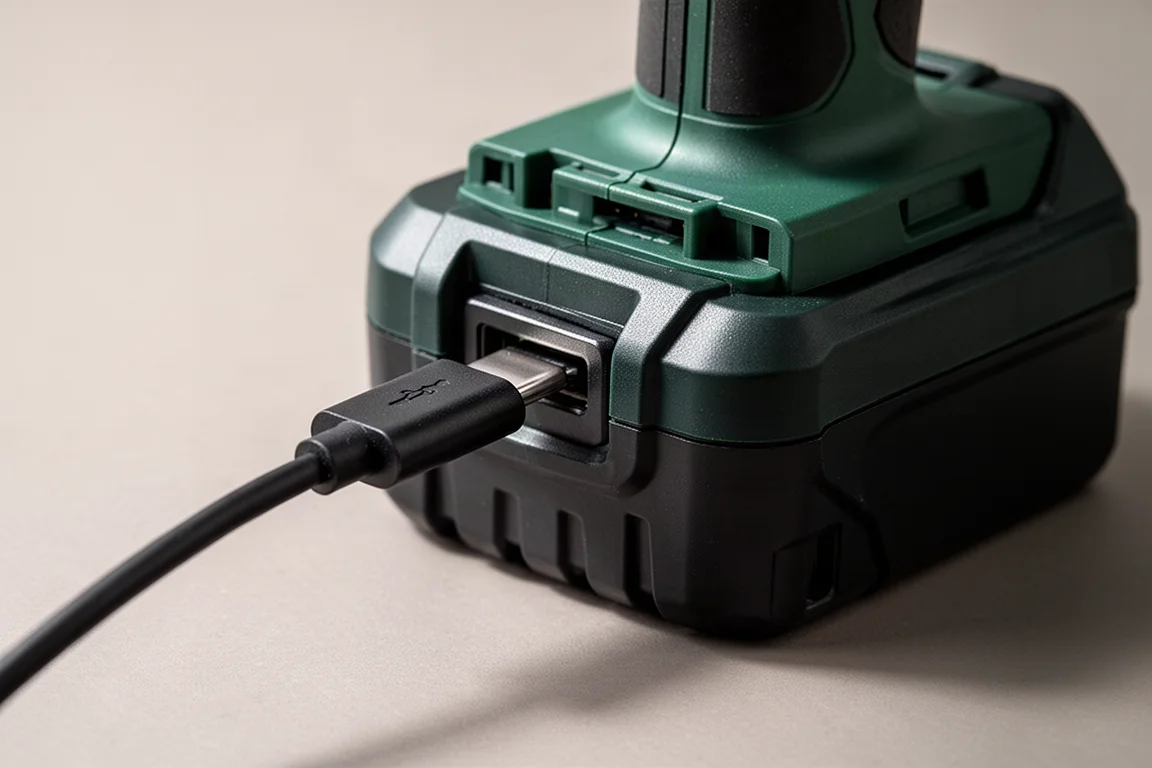 Greenworks Proバッテリーパックに差し込まれたUSB-Cケーブルのクローズアップ