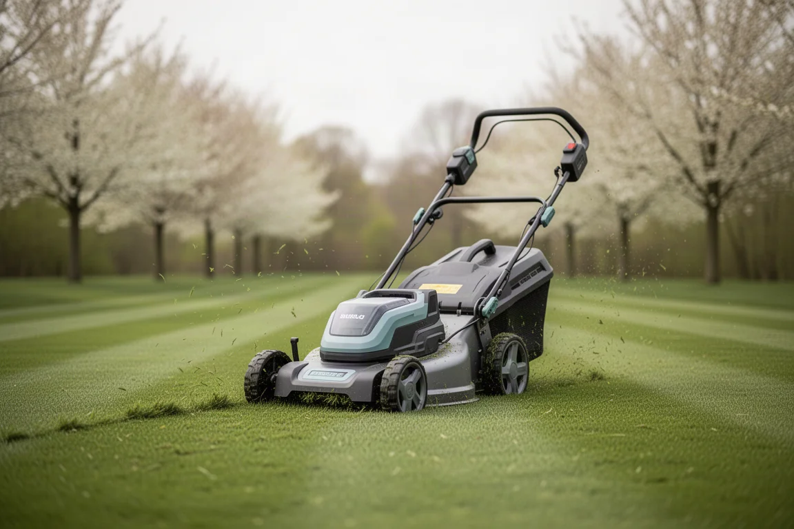 Tondeuse à gazon sans fil sur une pelouse ensoleillée au printemps