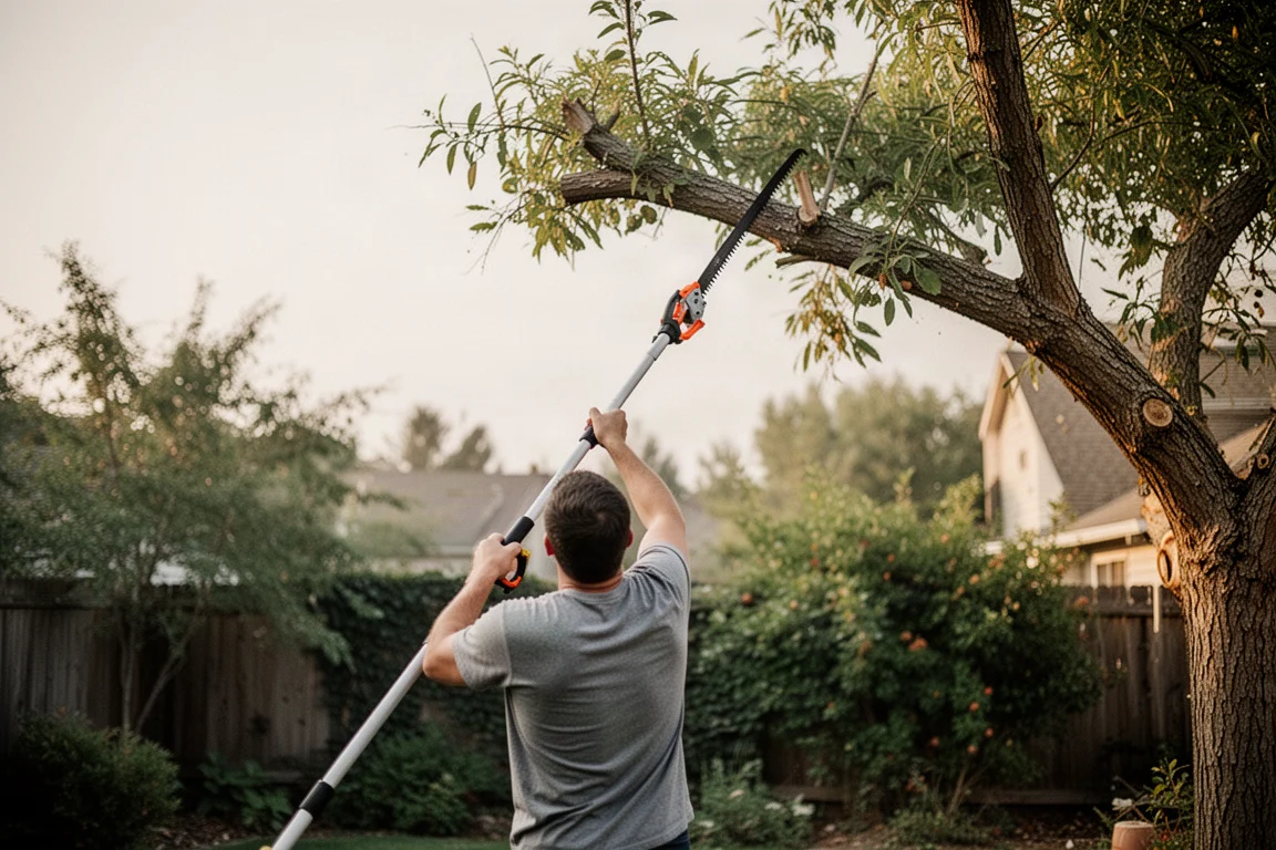 Personne taillant une branche d'arbre avec une scie sur perche depuis le sol