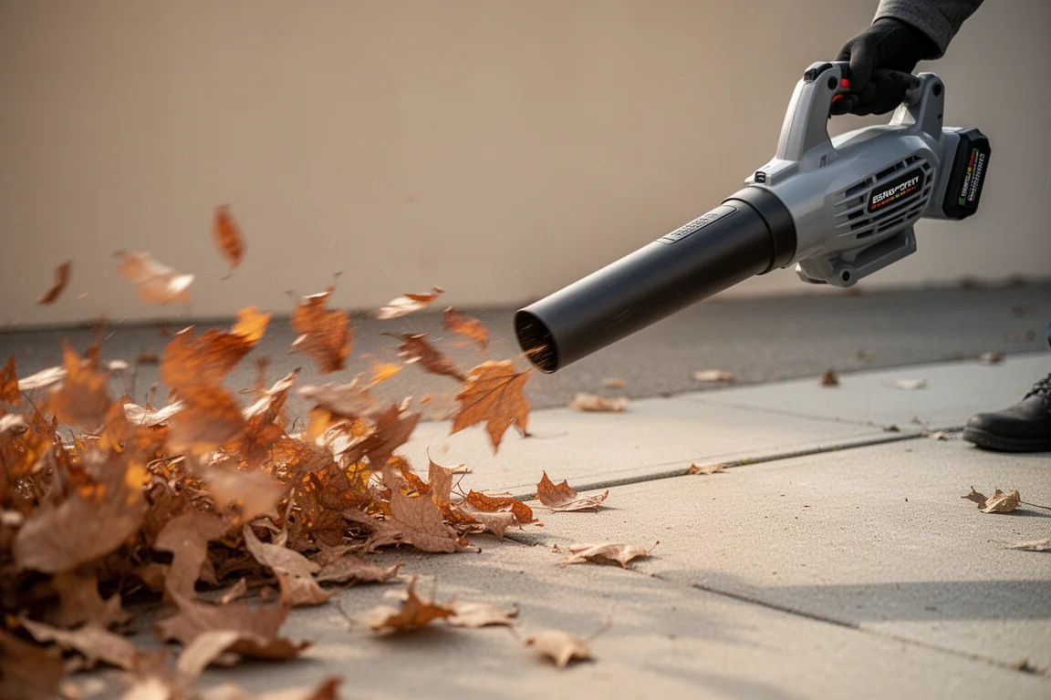 Souffleur à feuilles débarrassant un trottoir des feuilles sèches
