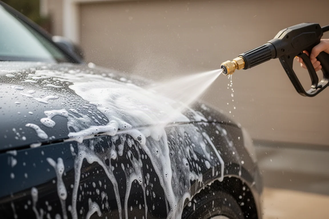 Jet d'un nettoyeur haute pression nettoyant une carrosserie de voiture