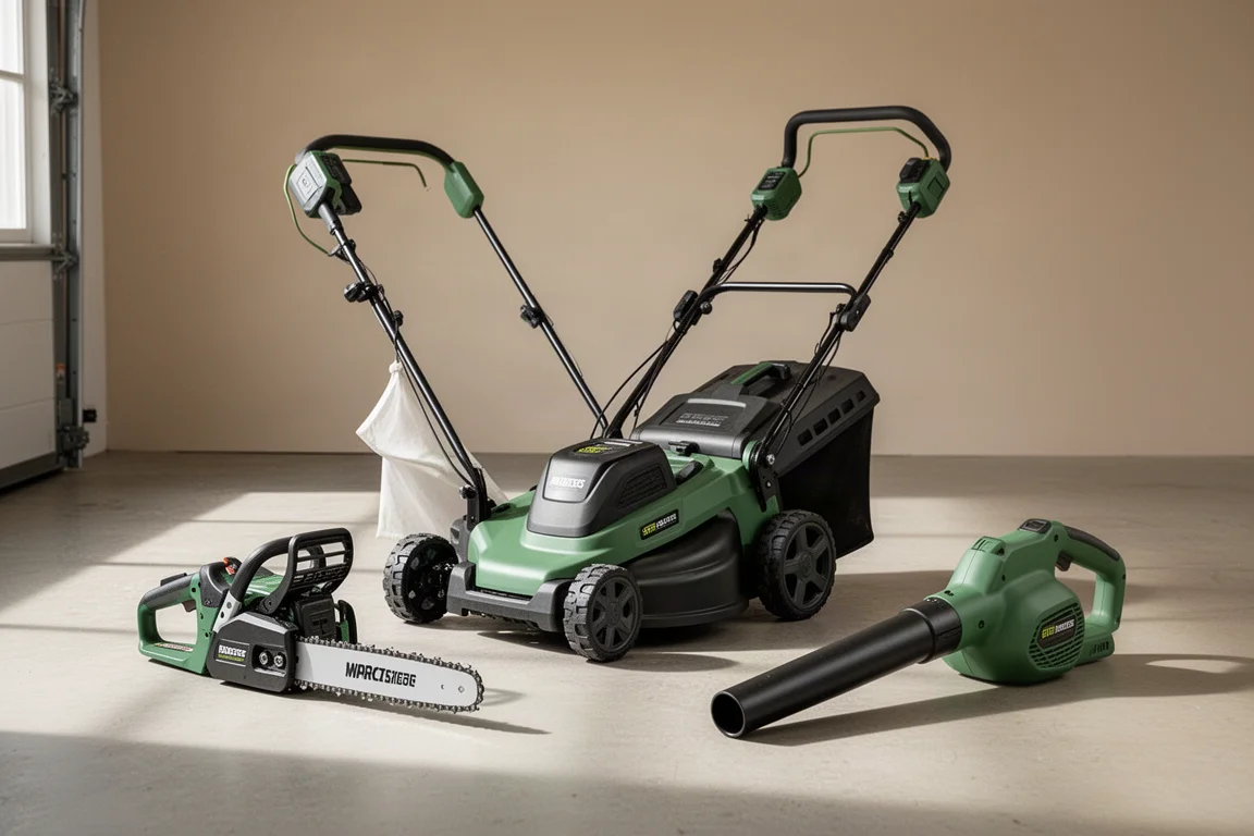 Greenworks-style cordless mower, chainsaw and blower arranged in a garage