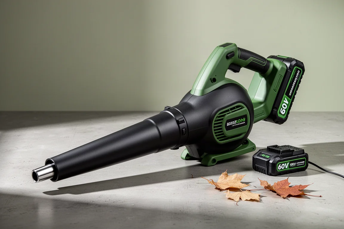 Greenworks UltraPower Pro 60V cordless leaf blower with battery and charger on concrete
