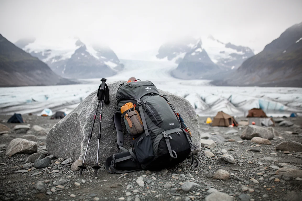 Loaded expedition backpack leaning on a boulder at a rocky glacier camp