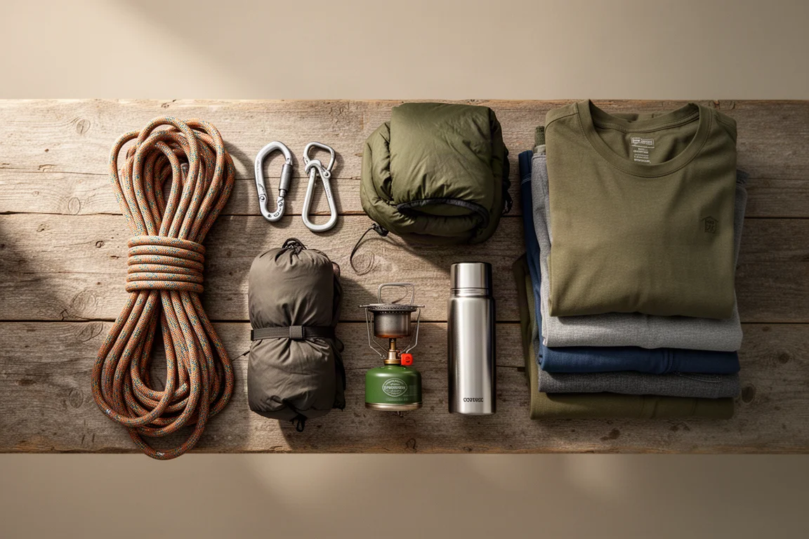 Flat-lay of climbing rope, hardware, sleeping bag and clothing on wood
