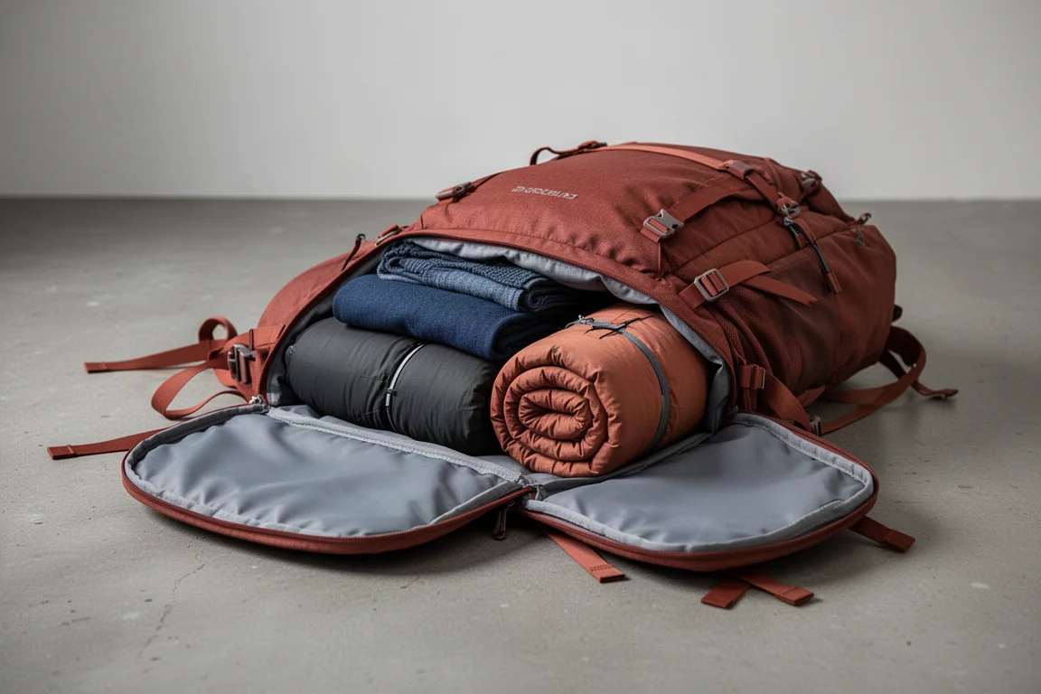 Open backpack laid flat showing packed clothing and sleeping bag inside