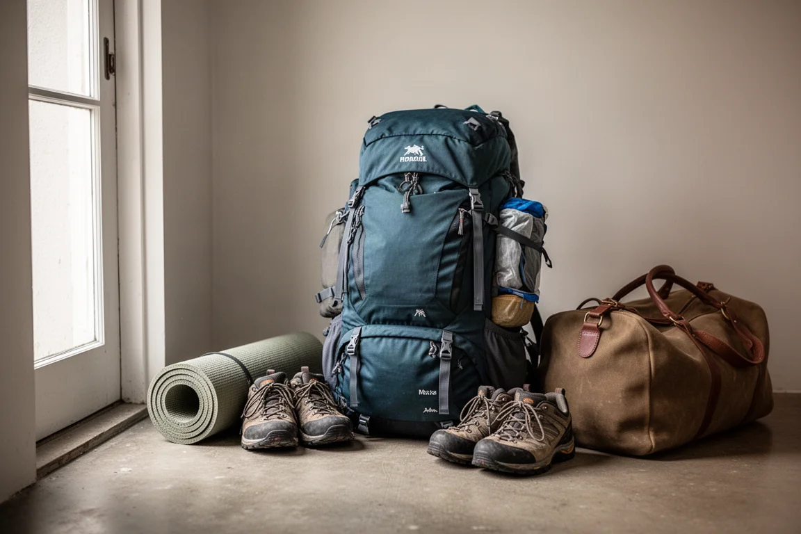 Loaded hiking backpack with sleeping mat and shoes ready by a doorway