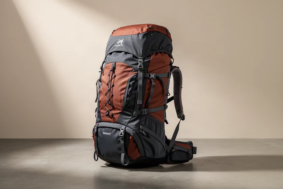 Large 85 litre expedition backpack standing upright on a concrete floor