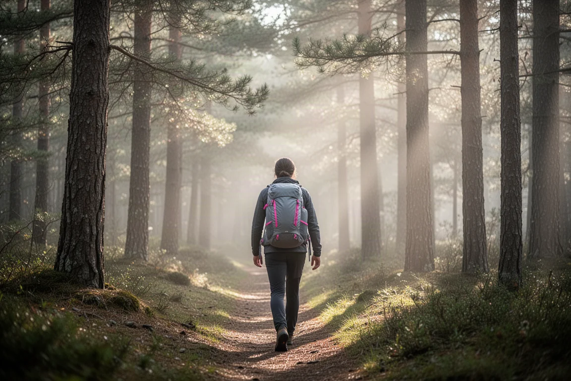 Compact daypack resting on a mossy boulder beside a woodland hiking trail