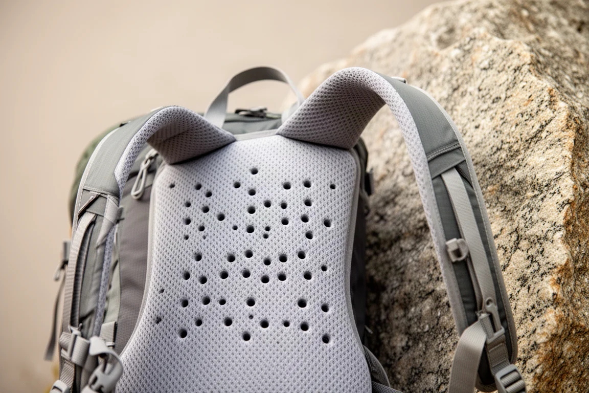 Close-up of a padded hip belt with two zippered pockets on weathered wood