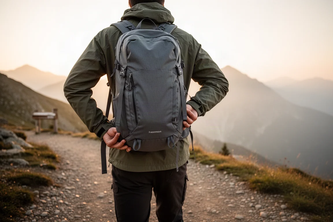 Overhead flat lay of day hike essentials arranged beside a small pack
