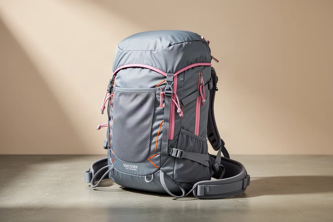 Compact grey 16-litre daypack with pink accents standing on a concrete surface