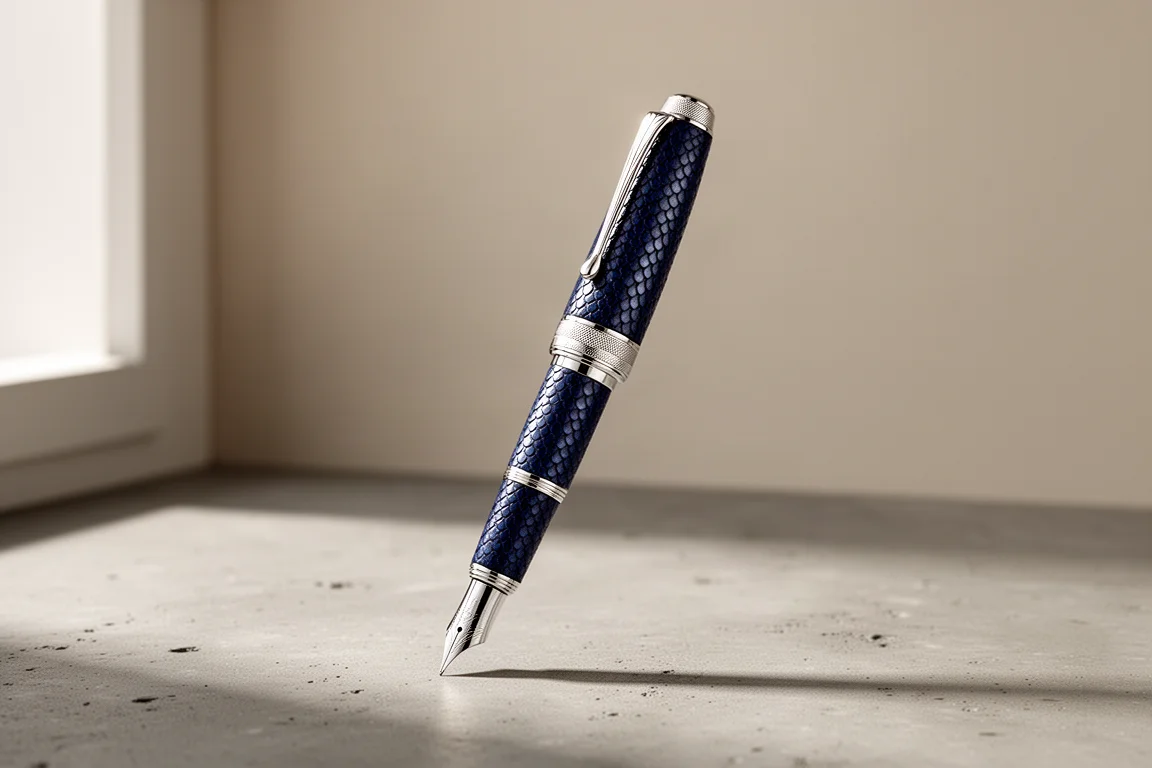 Penna stilografica Grifos Nero Muse Salmon con calotta in pelle blu scuro e corpo in argento sterling