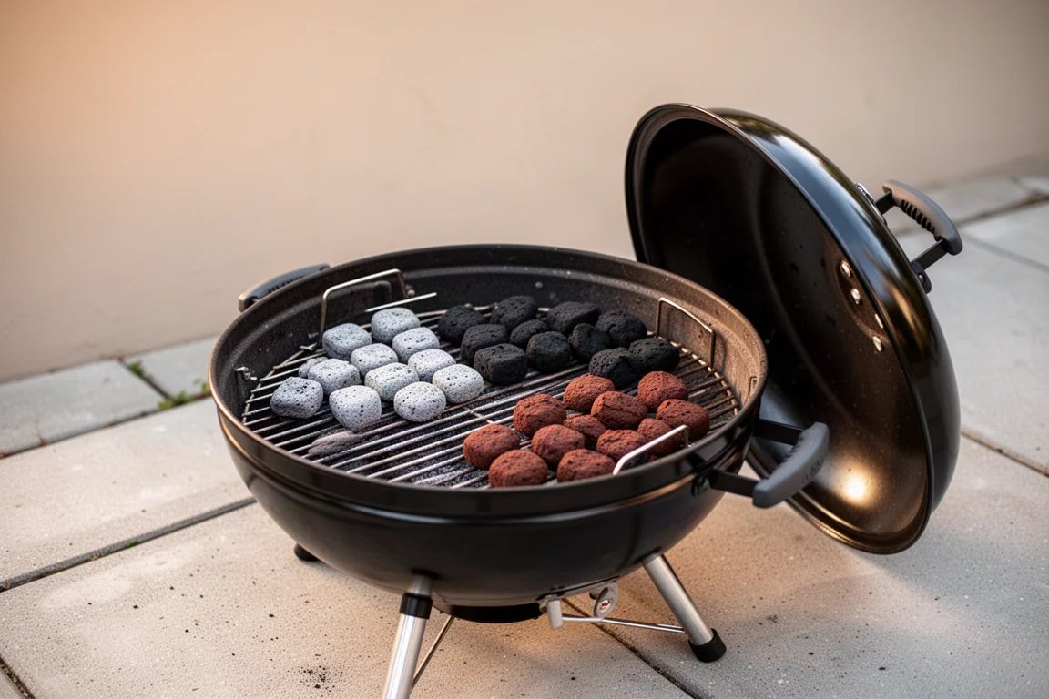 Charcoal kettle grill on a patio with the lid off and glowing coals visible