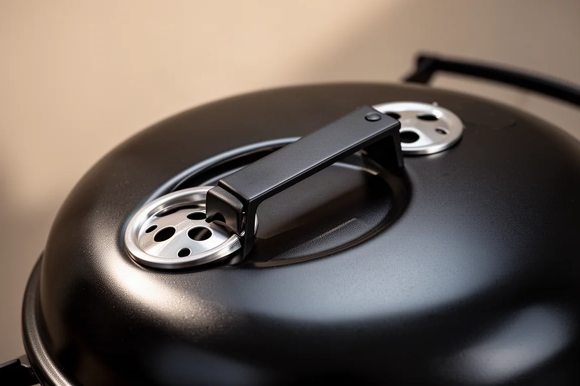 Close-up of a grill lid vent with an adjustable sliding lever