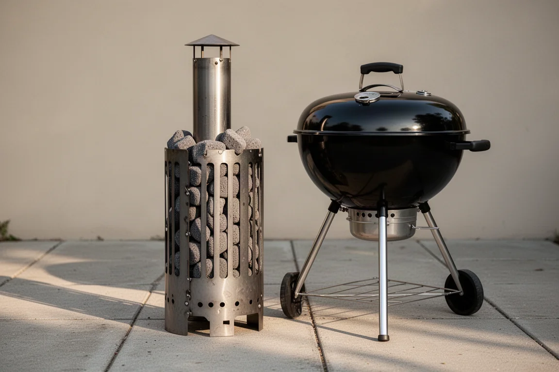 Charcoal chimney starter filled with briquettes on a flat outdoor surface