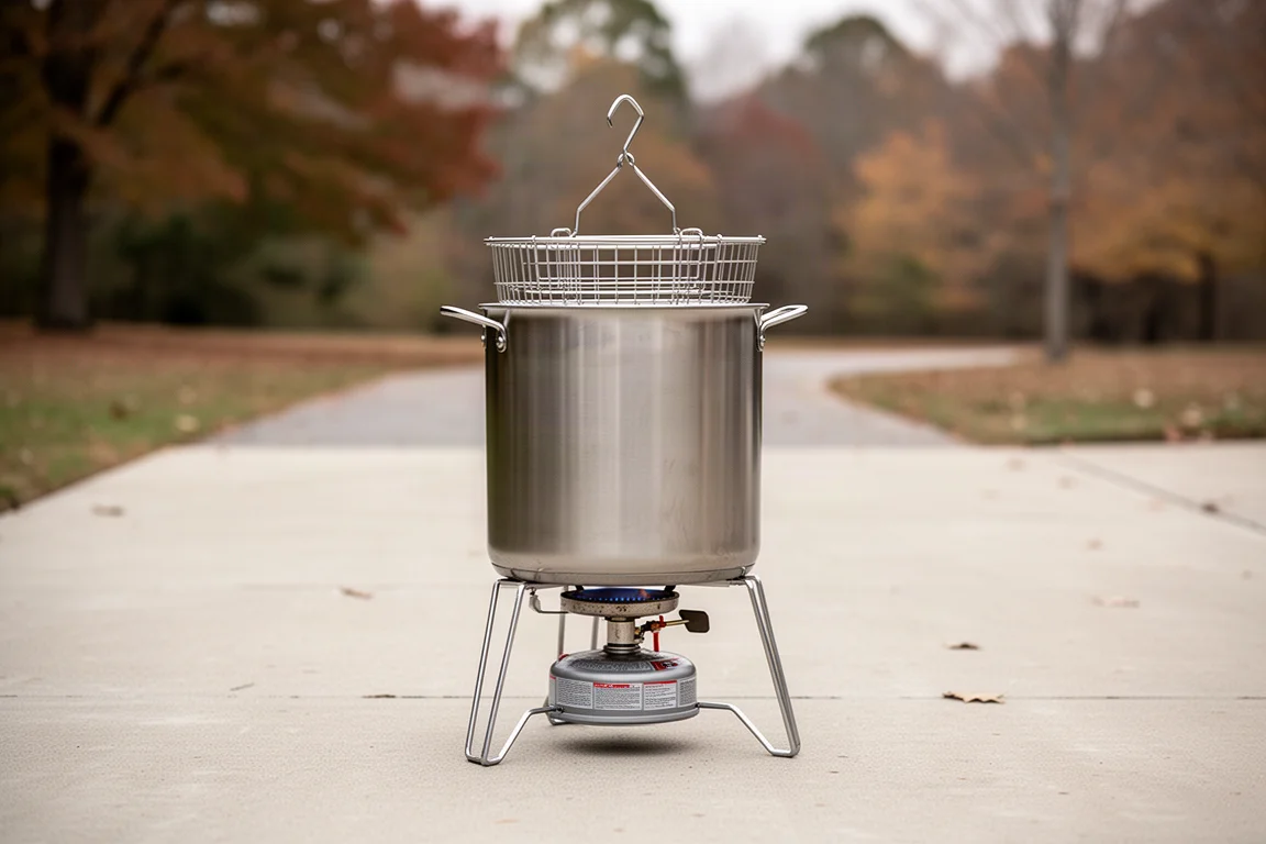 Turkey fryer pot and propane burner set up on a flat concrete surface